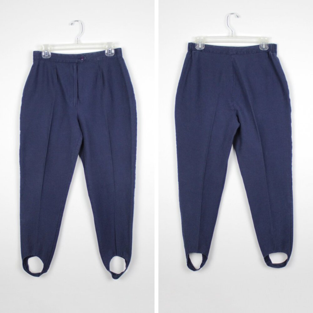 Vintage 90s Stirrup Pants High Waist Navy Blue - Size 14 • Cotton Stretch - Picture 2 of 8